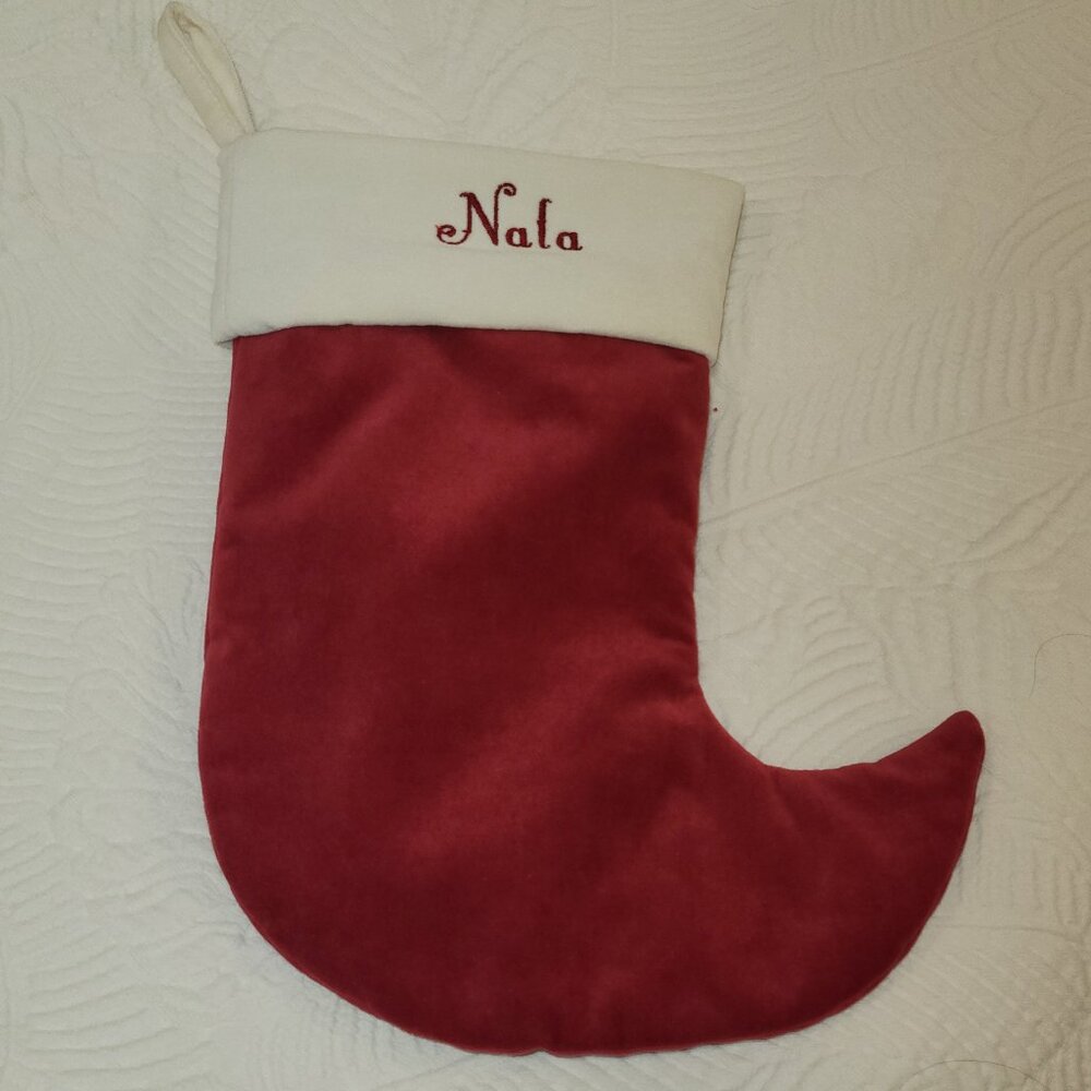 POTTERY BARN Personalized Velvet Red & White Christmas Stocking "Nala" 12" x 7"
